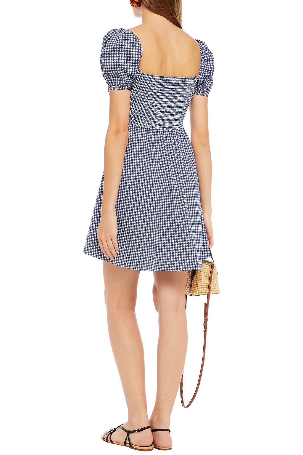 CAROLINE CONSTAS Shirred gingham cotton-blend poplin mini dress