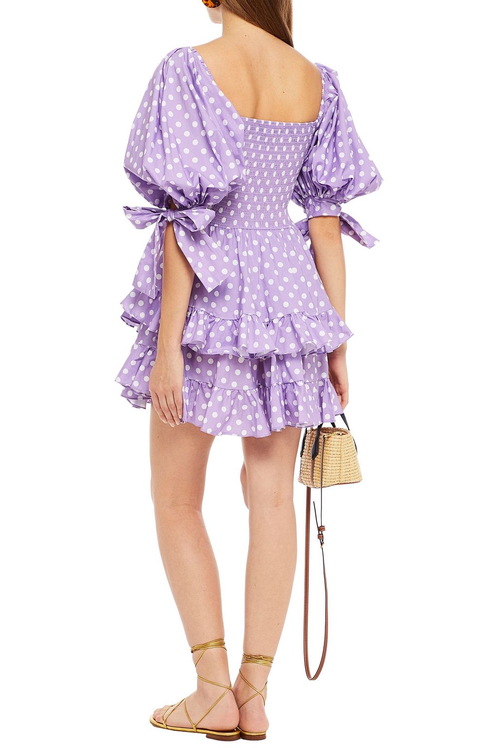 CAROLINE CONSTAS Tiered shirred polka-dot cotton-blend poplin mini dress