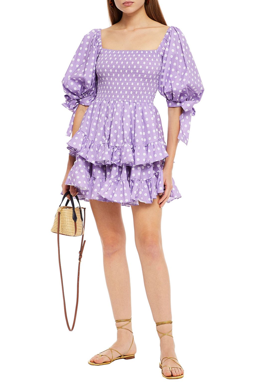 CAROLINE CONSTAS Tiered shirred polka-dot cotton-blend poplin mini dress