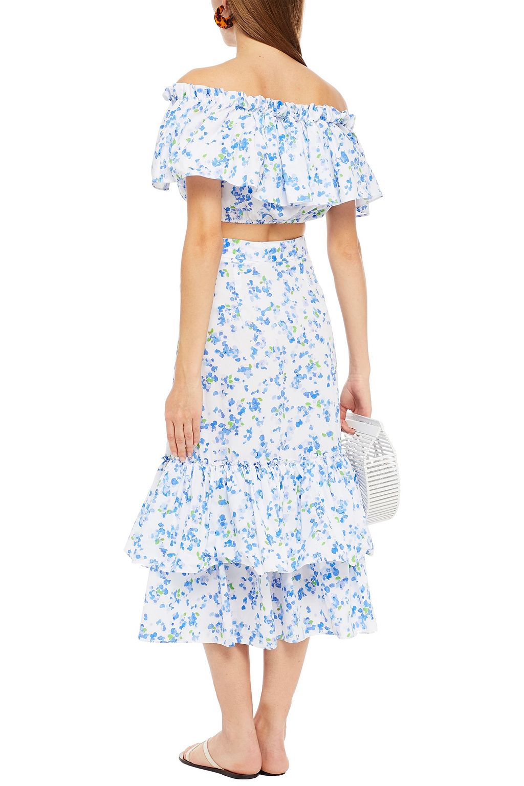 CAROLINE CONSTAS Belted tiered floral-print cotton-blend poplin midi skirt