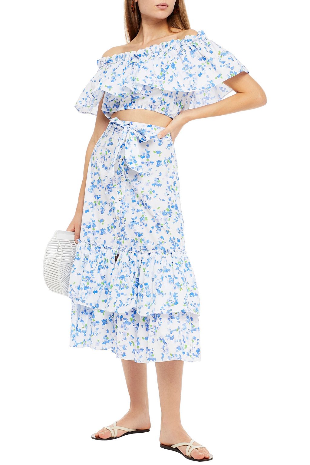 CAROLINE CONSTAS Belted tiered floral-print cotton-blend poplin midi skirt