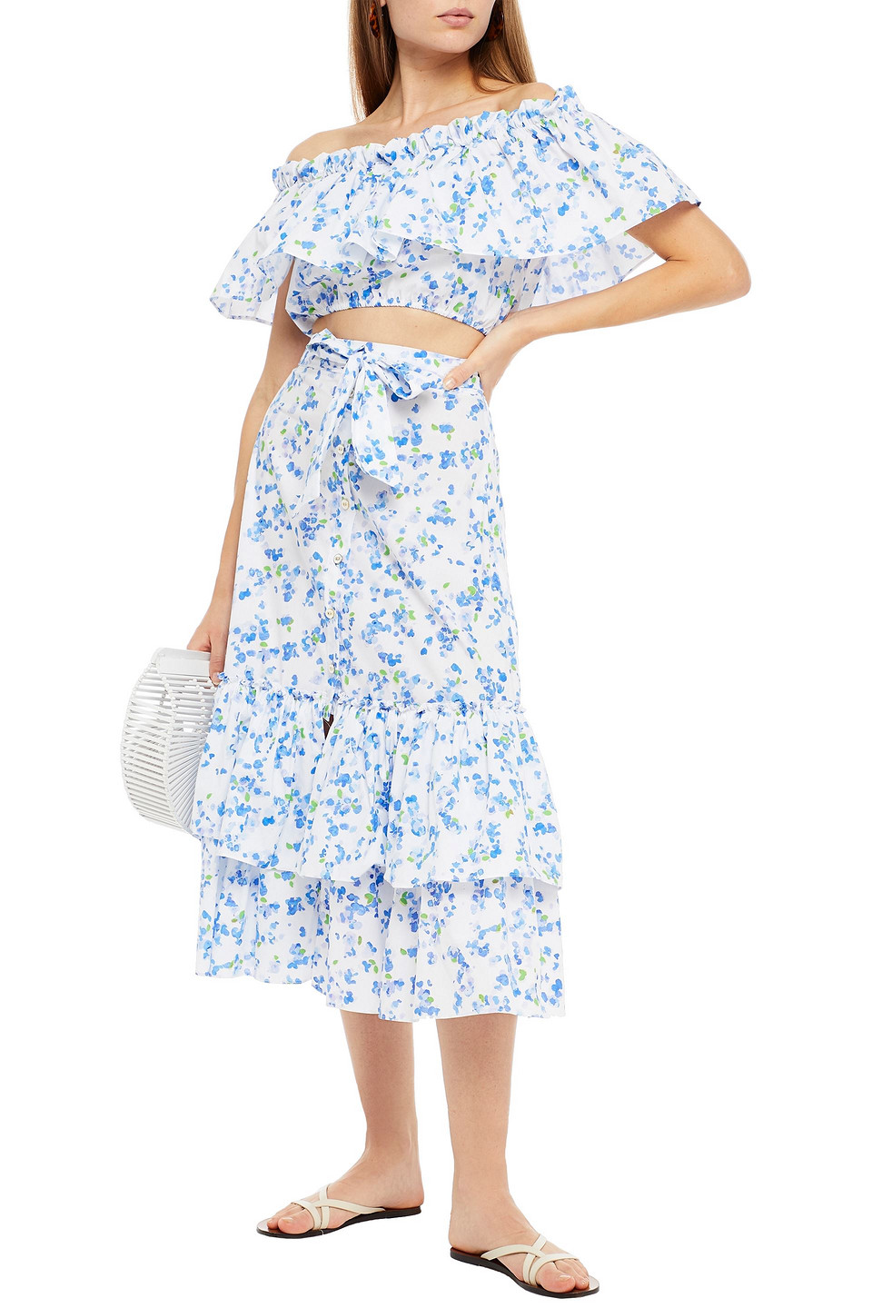 Caroline Constas Belted Tiered Floral-print Cotton-blend Poplin Midi Skirt In White