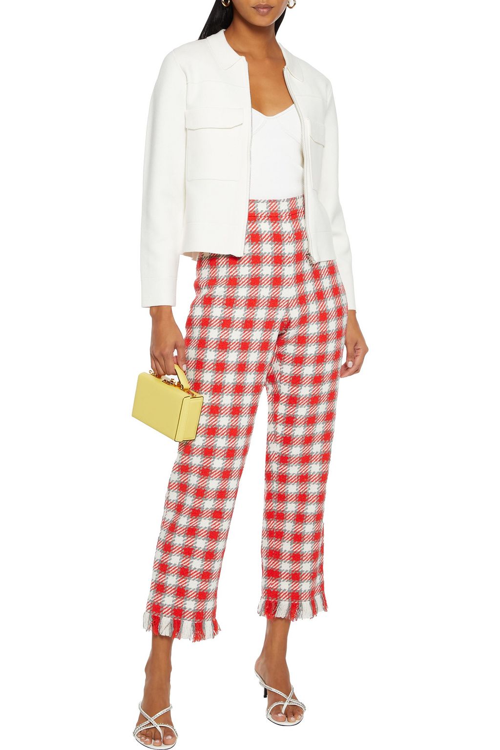 OSCAR DE LA RENTA Frayed gingham tweed straight-leg pants