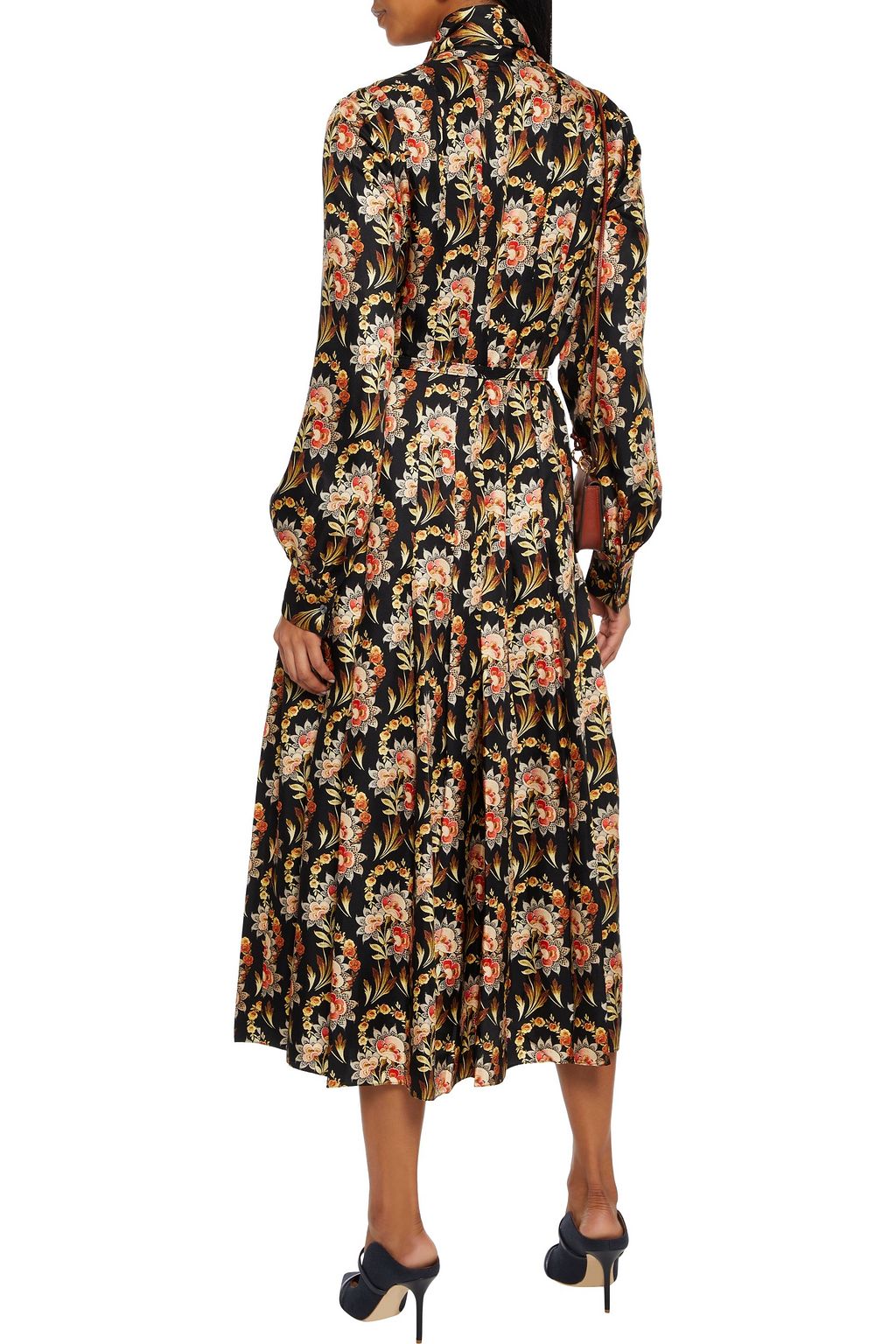 OSCAR DE LA RENTA Belted pleated floral-print silk-twill midi dress