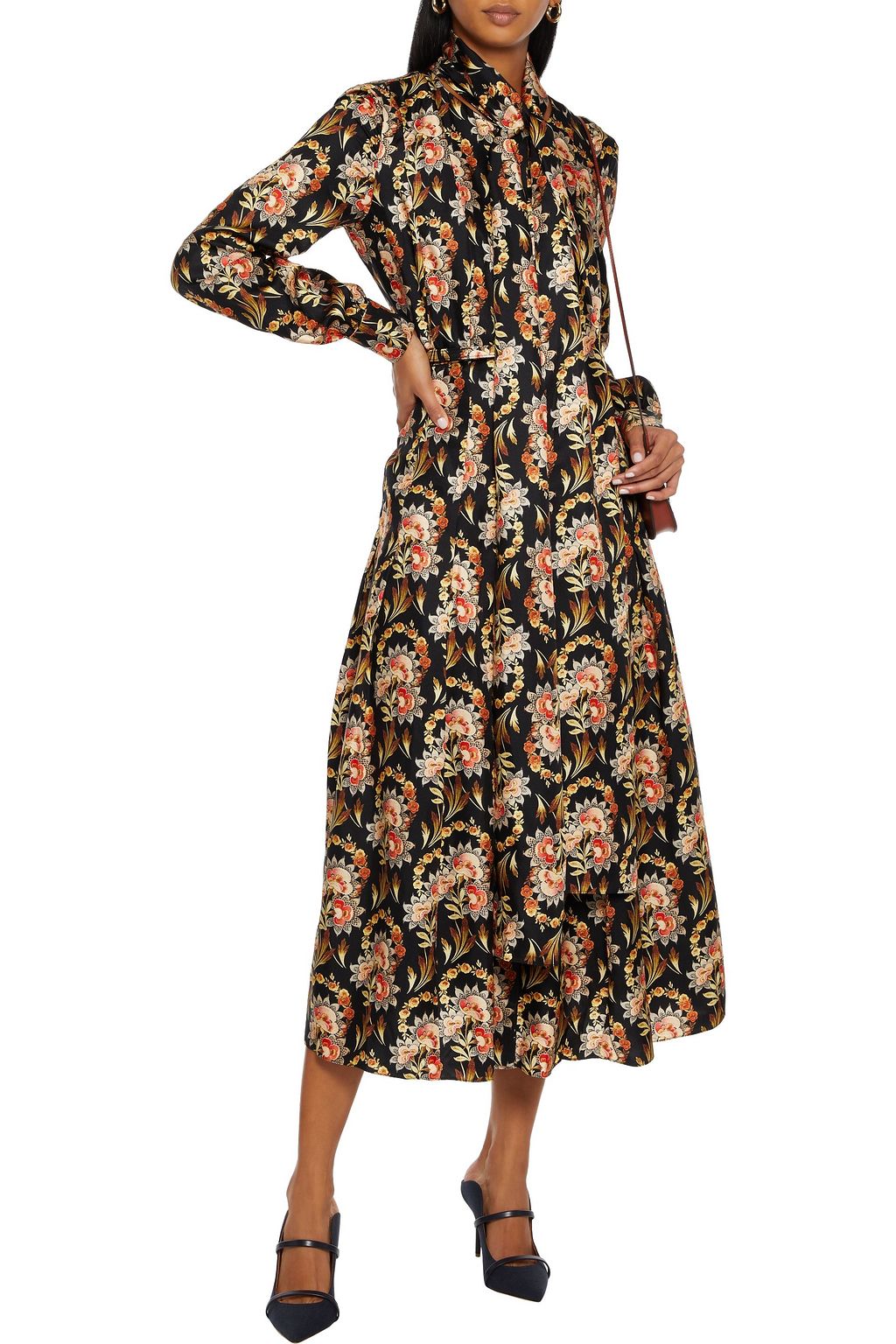 OSCAR DE LA RENTA Belted pleated floral-print silk-twill midi dress