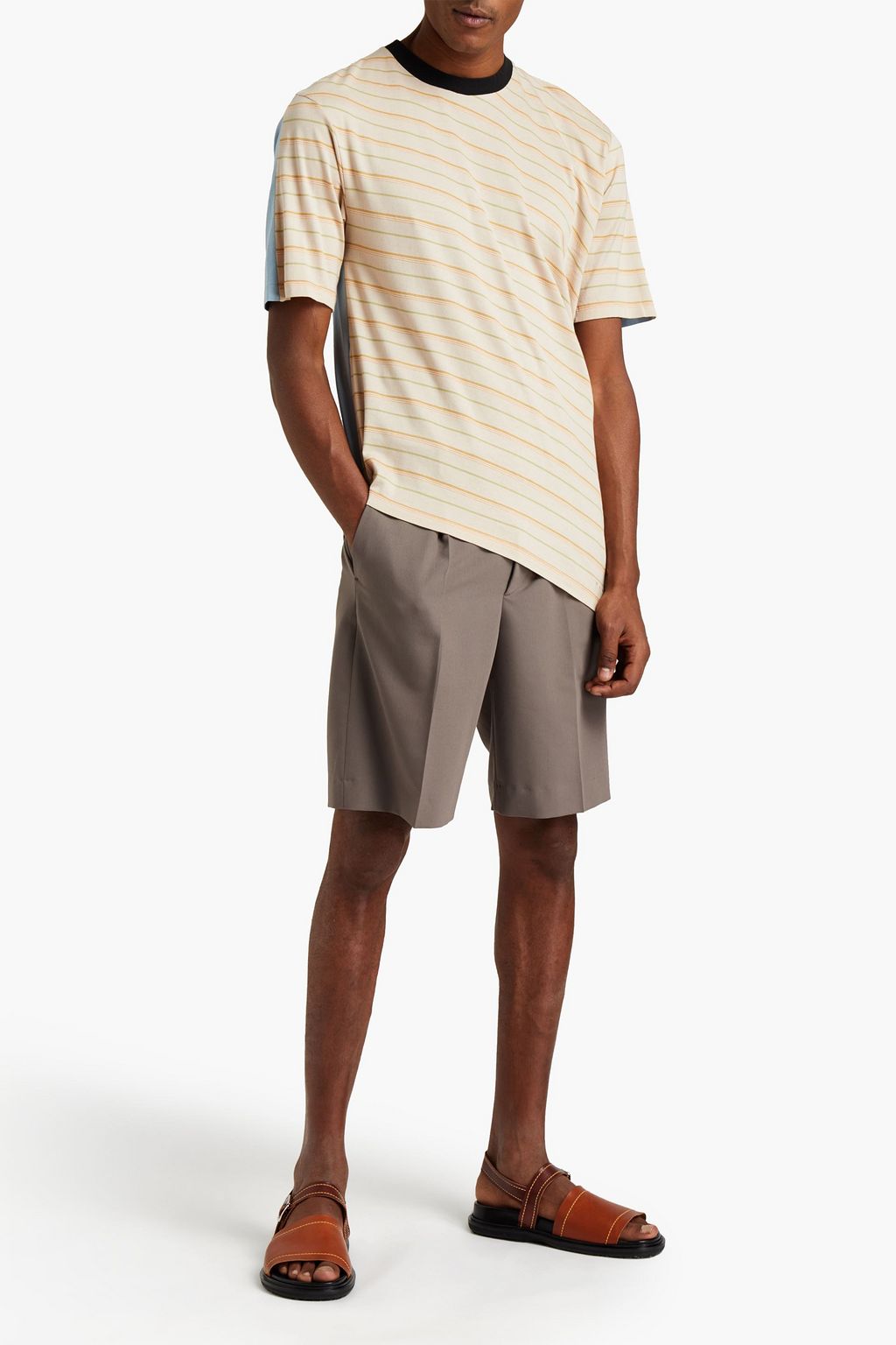 MARNI Logo-embroidered paneled striped cotton-jersey T-shirt