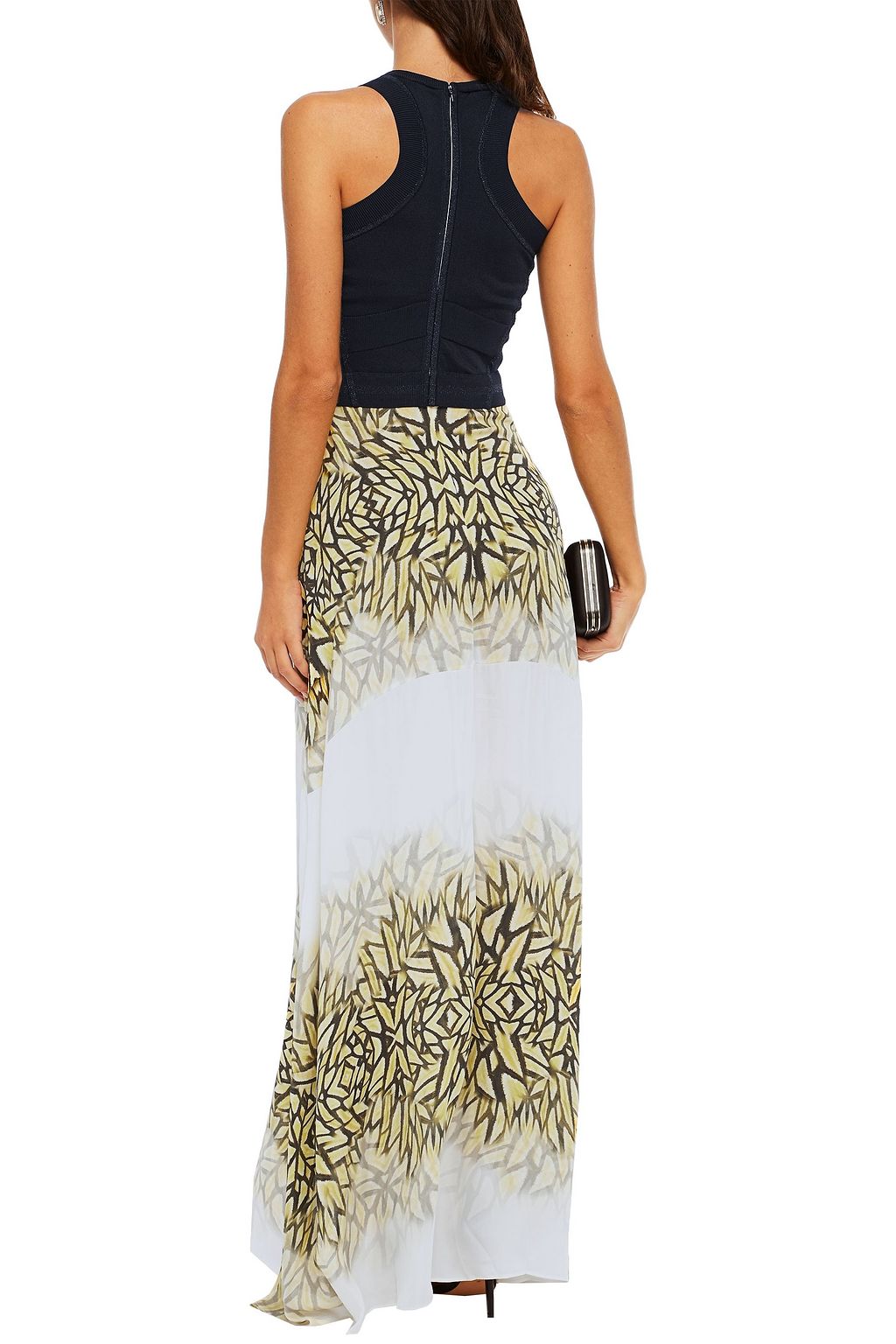 AMANDA WAKELEY Paneled stretch-knit and printed silk crepe de chine maxi dress