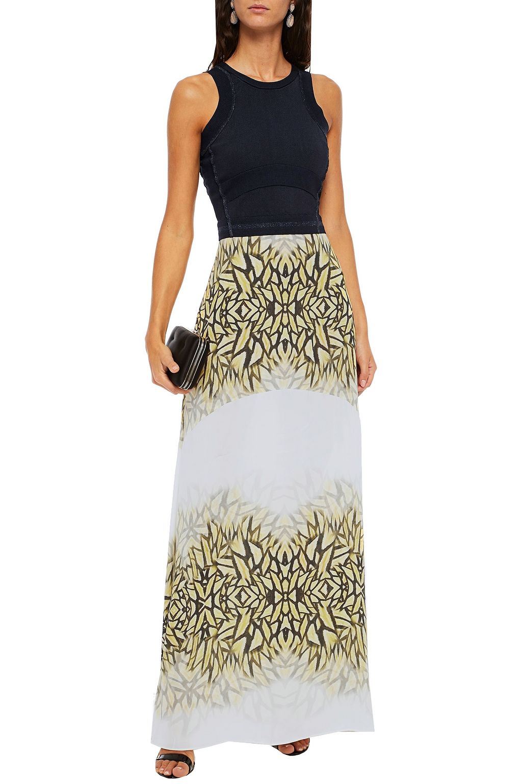 AMANDA WAKELEY Paneled stretch-knit and printed silk crepe de chine maxi dress