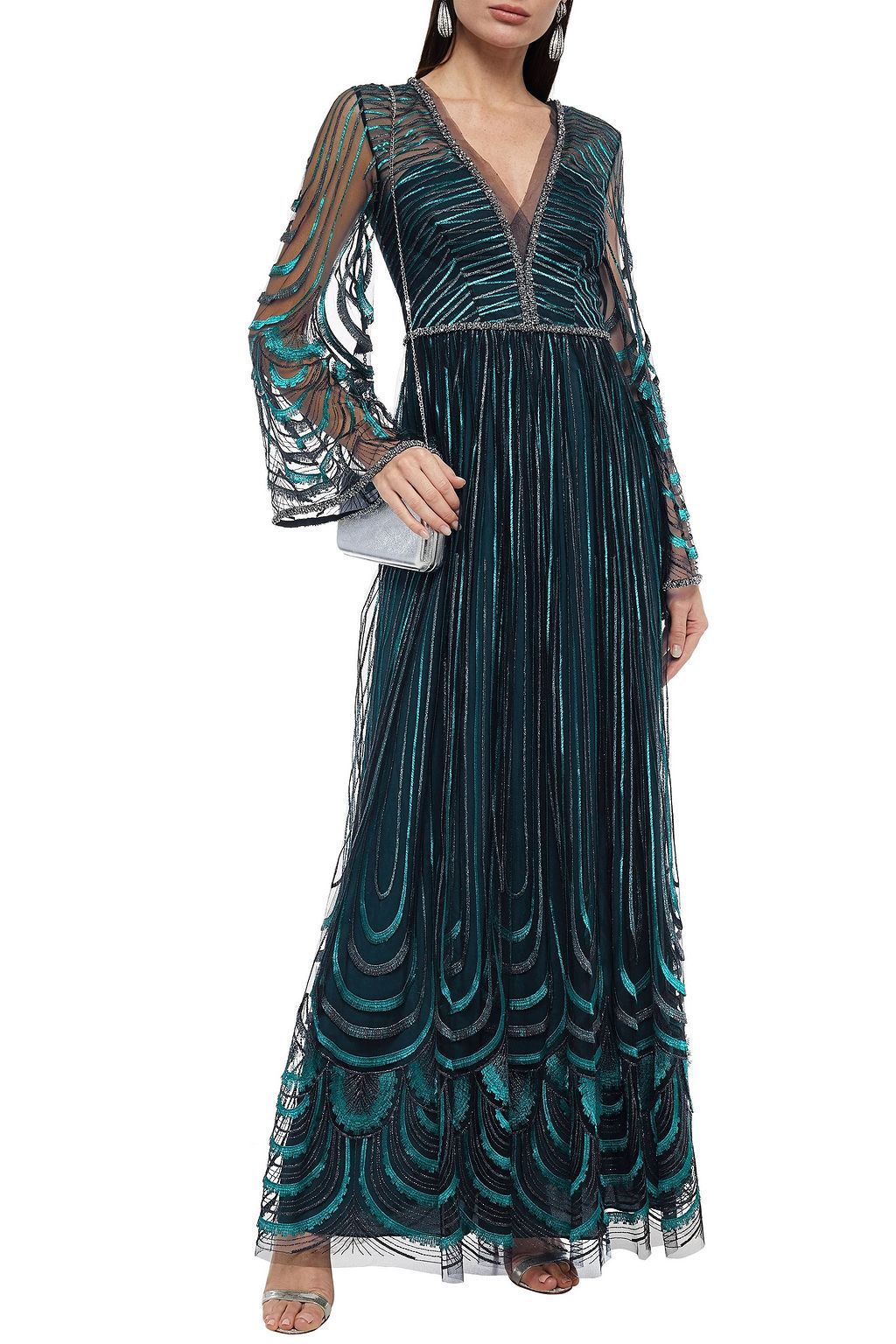 AMANDA WAKELEY Fringed embellished gathered tulle maxi dress