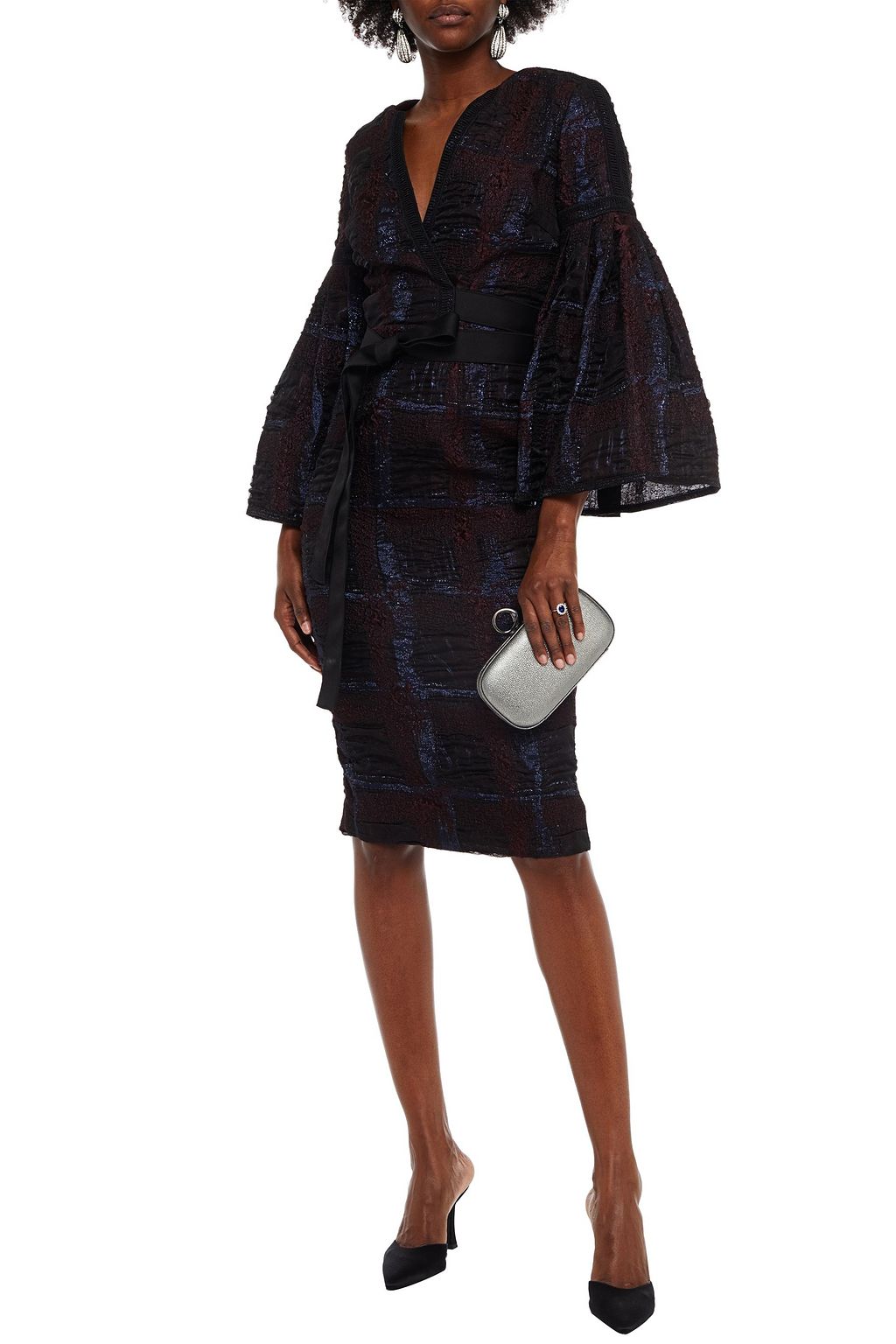 AMANDA WAKELEY Tie-front metallic checked cloqué dress