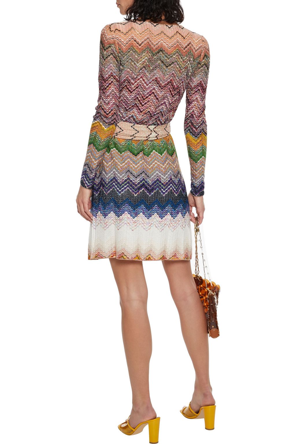 MISSONI Draped metallic crochetknit mini wrap dress THE
