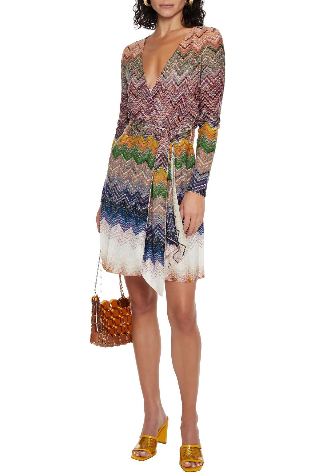 MISSONI Draped metallic crochetknit mini wrap dress THE