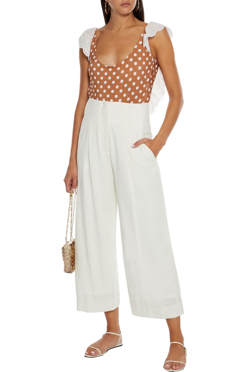 CAROLINE CONSTAS Amara broderie anglaise-trimmed polka-dot stretch-jersey bodysuit