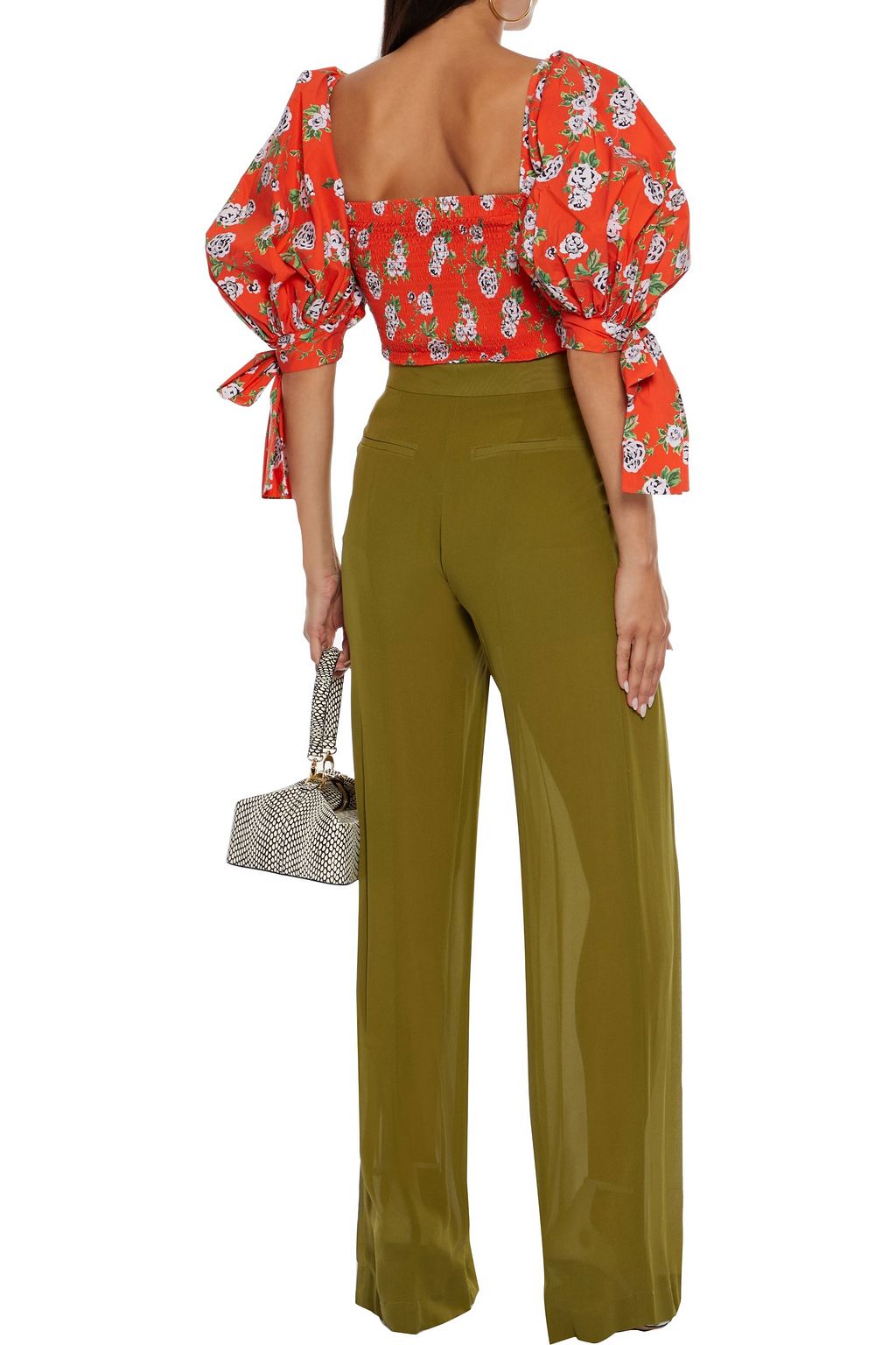 CAROLINE CONSTAS Nora cropped shirred floral-print cotton-blend poplin top
