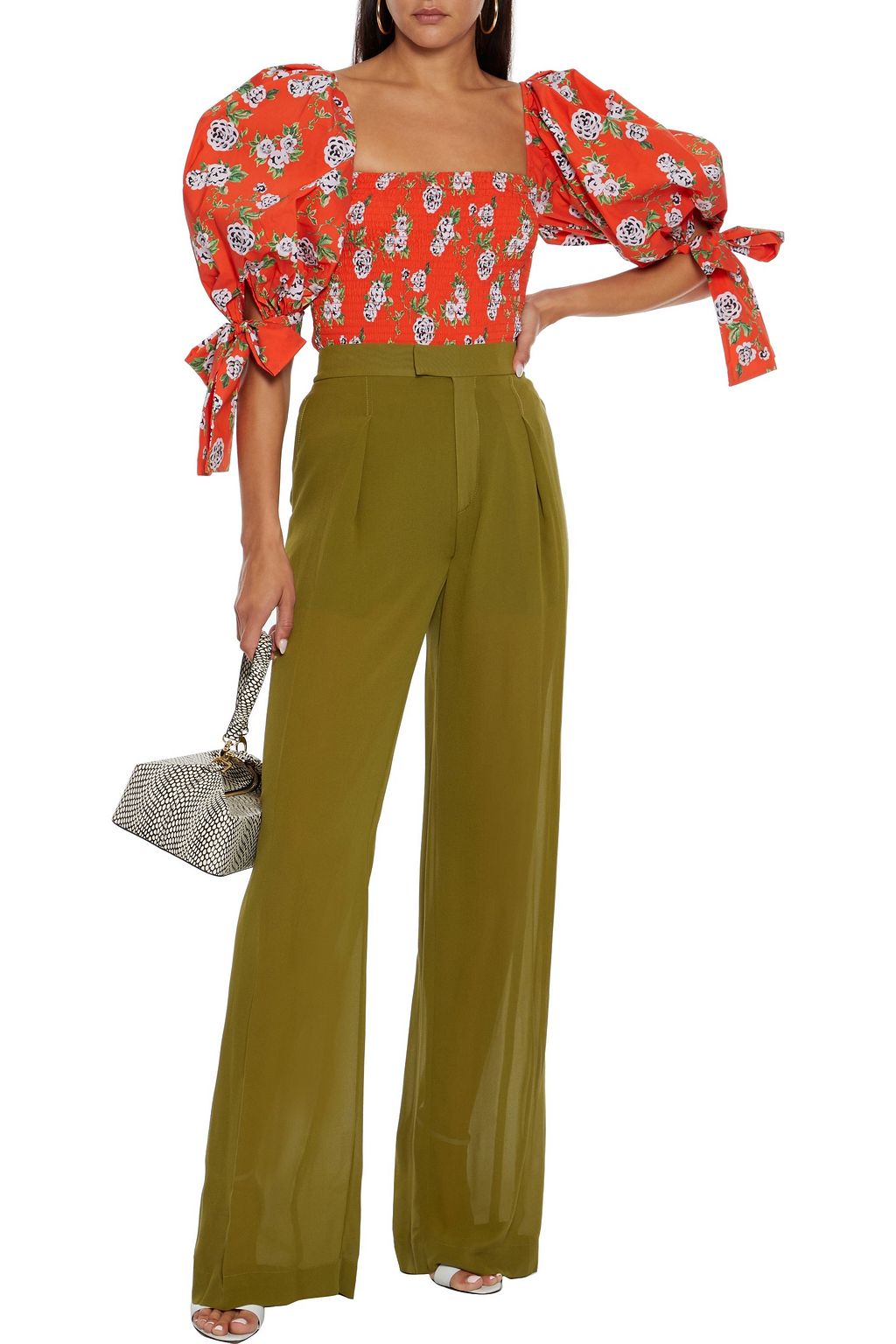 CAROLINE CONSTAS Nora cropped shirred floral-print cotton-blend poplin top