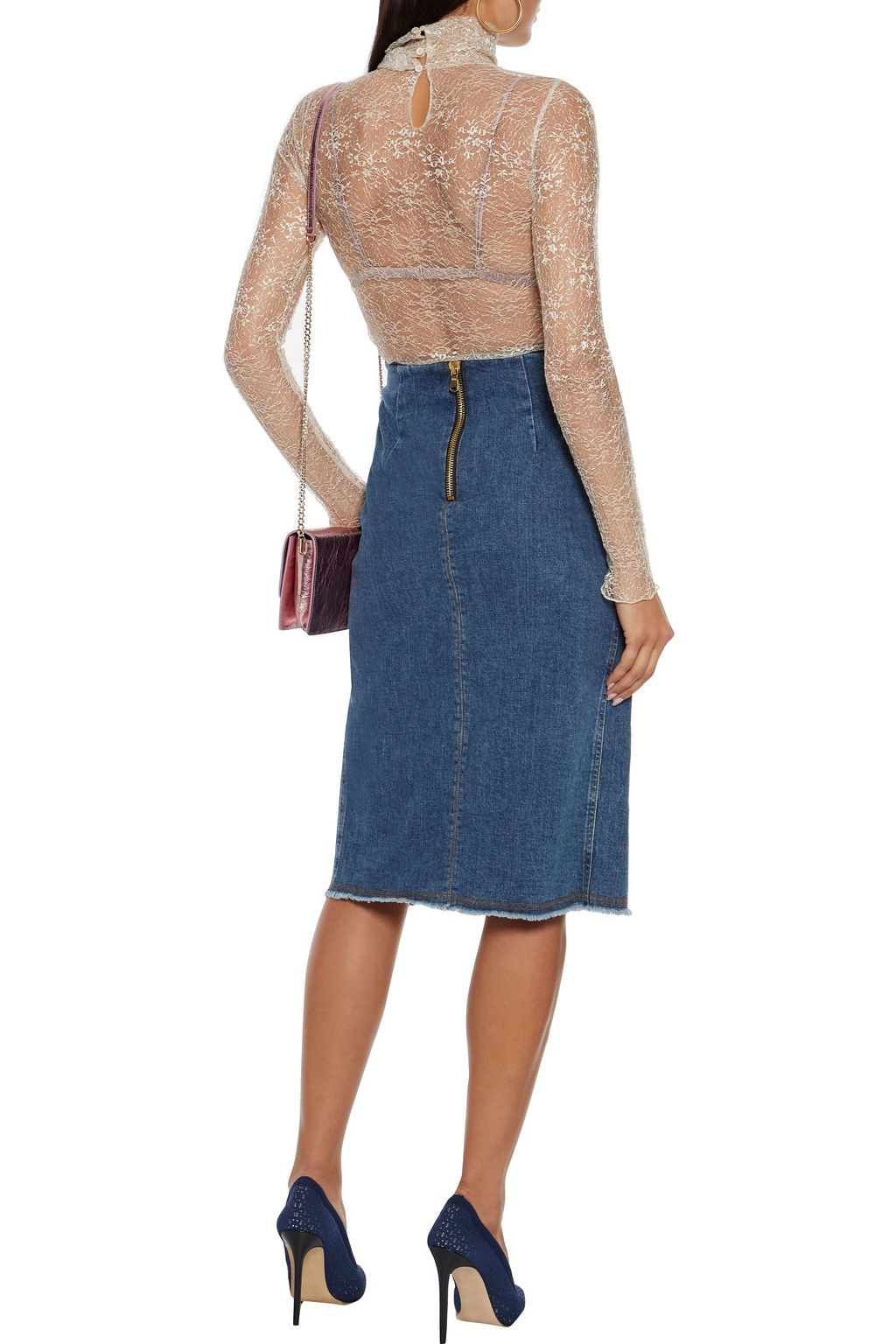 DUNDAS Button-embellished denim pencil skirt