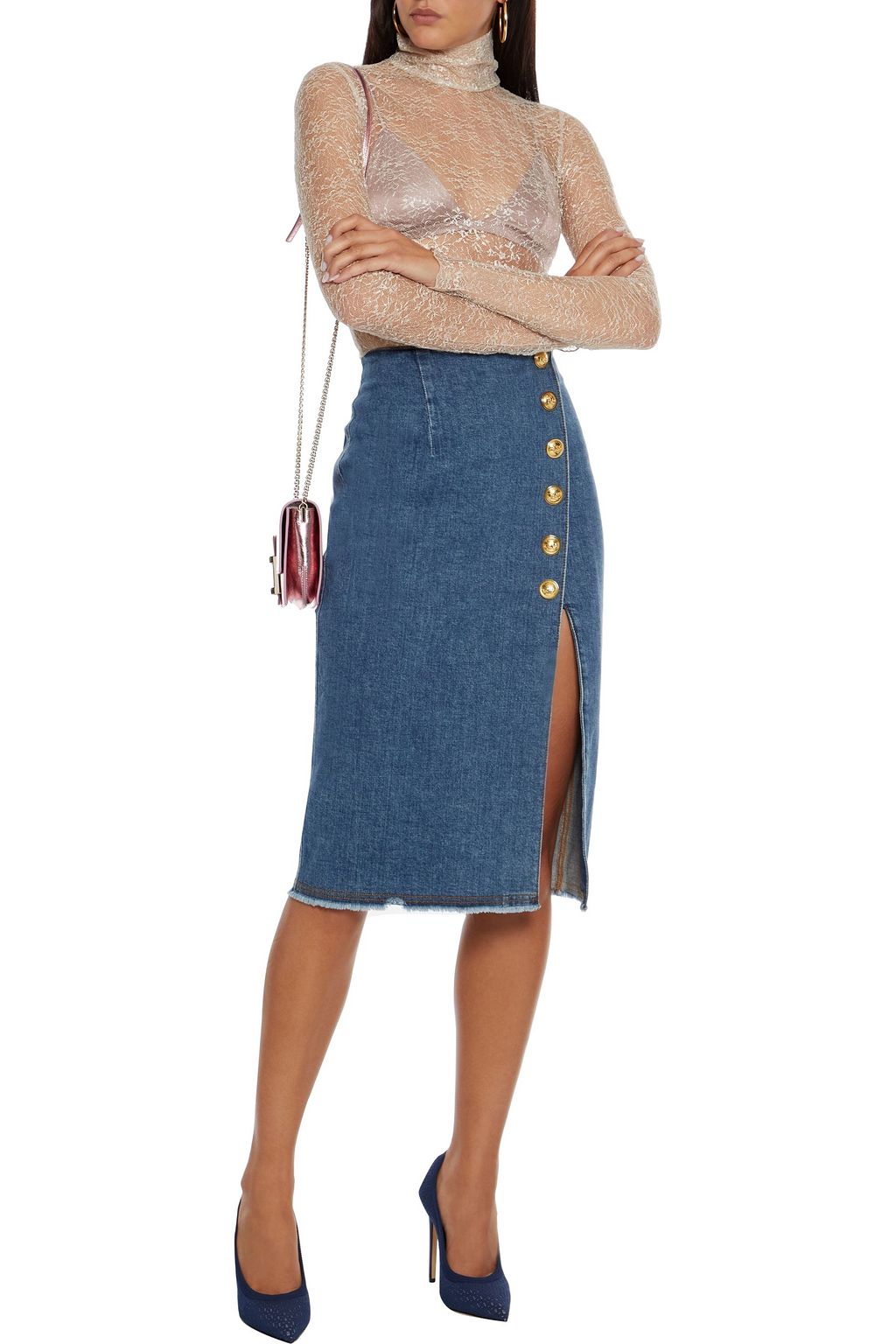 DUNDAS Button-embellished denim pencil skirt