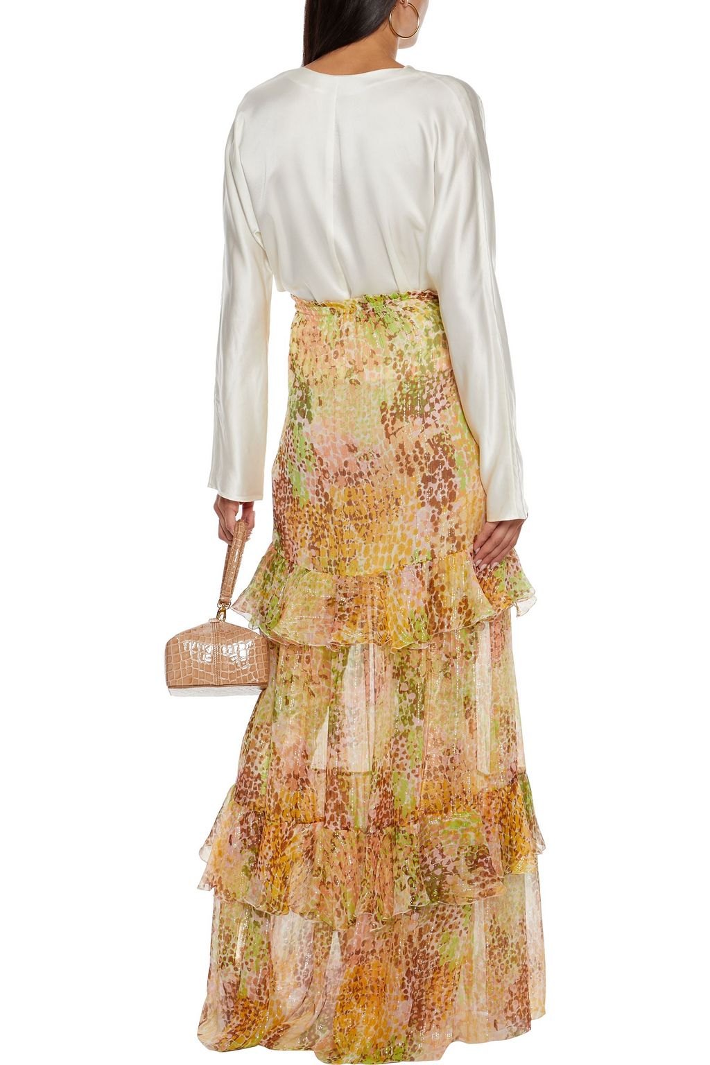 DUNDAS Tiered metallic printed silk-blend crepon maxi skirt