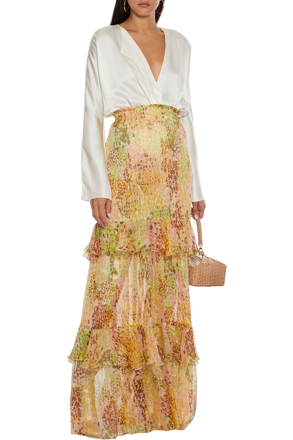 DUNDAS Tiered metallic printed silk-blend crepon maxi skirt