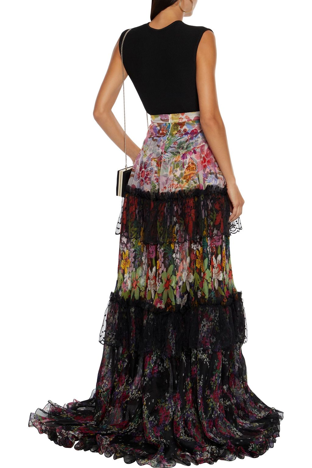 DUNDAS Tiered Swiss dot-paneled floral-print silk-organza maxi skirt
