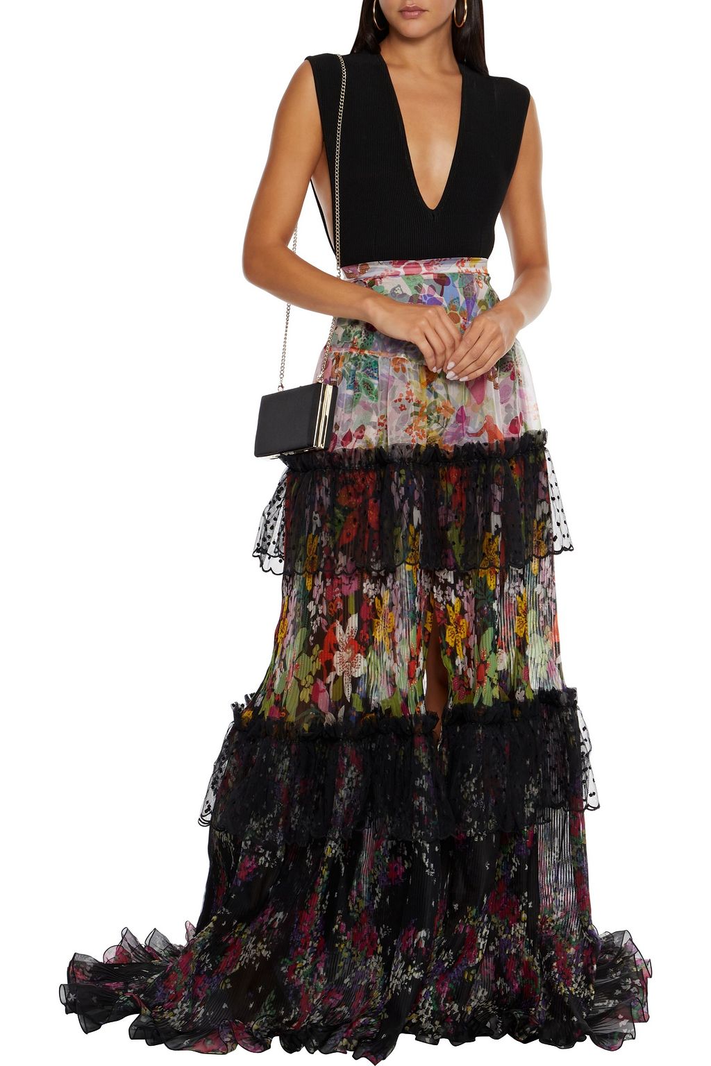 DUNDAS Tiered Swiss dot-paneled floral-print silk-organza maxi skirt