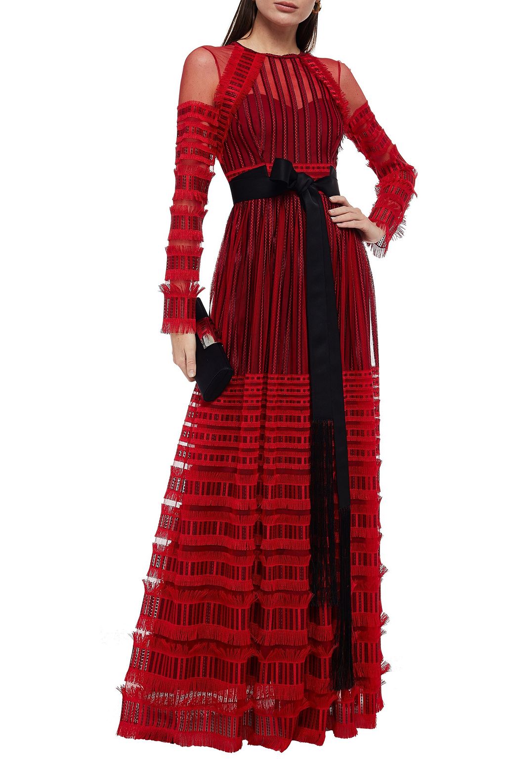AMANDA WAKELEY Belted fringed embroidered tulle gown