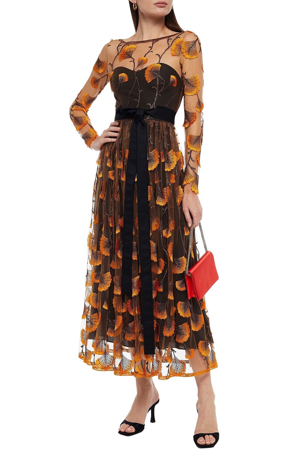 AMANDA WAKELEY Belted satin-trimmed metallic embroidered tulle midi dress