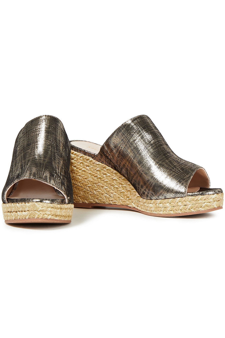 Stuart Weitzman Marabella Metallic Leather Espadrille Wedge Mules