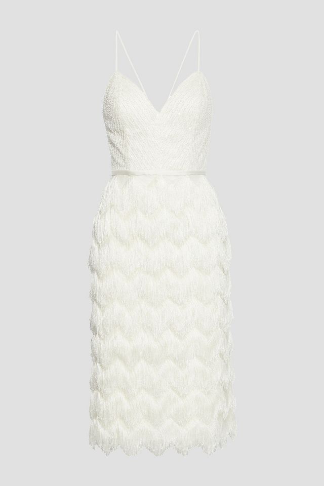 Ryder embellished tulle and fringed stretch-knit midi dress