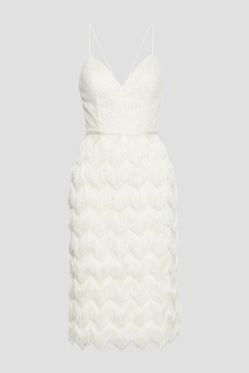 Catherine Deane Ryder embellished tulle and fringed stretch-knit midi dress