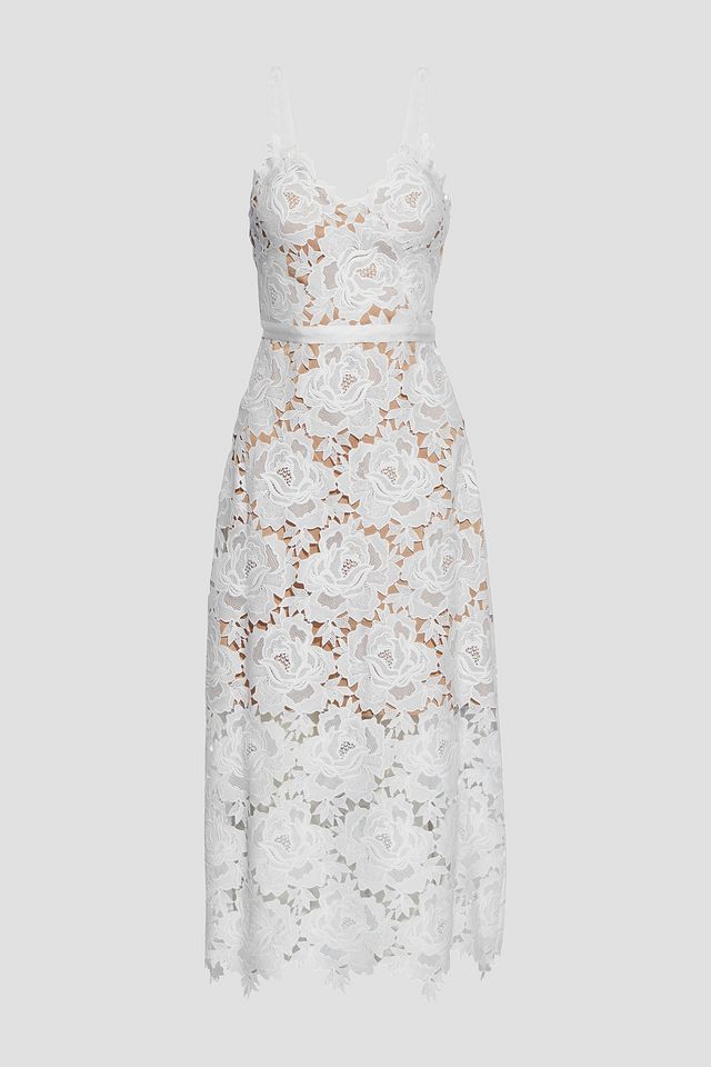 Frida grosgrain-trimmed guipure lace midi dress