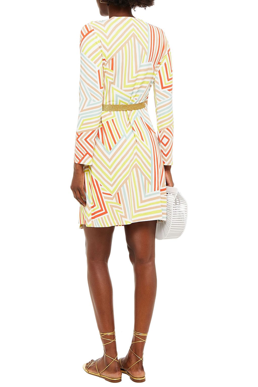 M MISSONI Metallic-trimmed striped jersey mini wrap dress