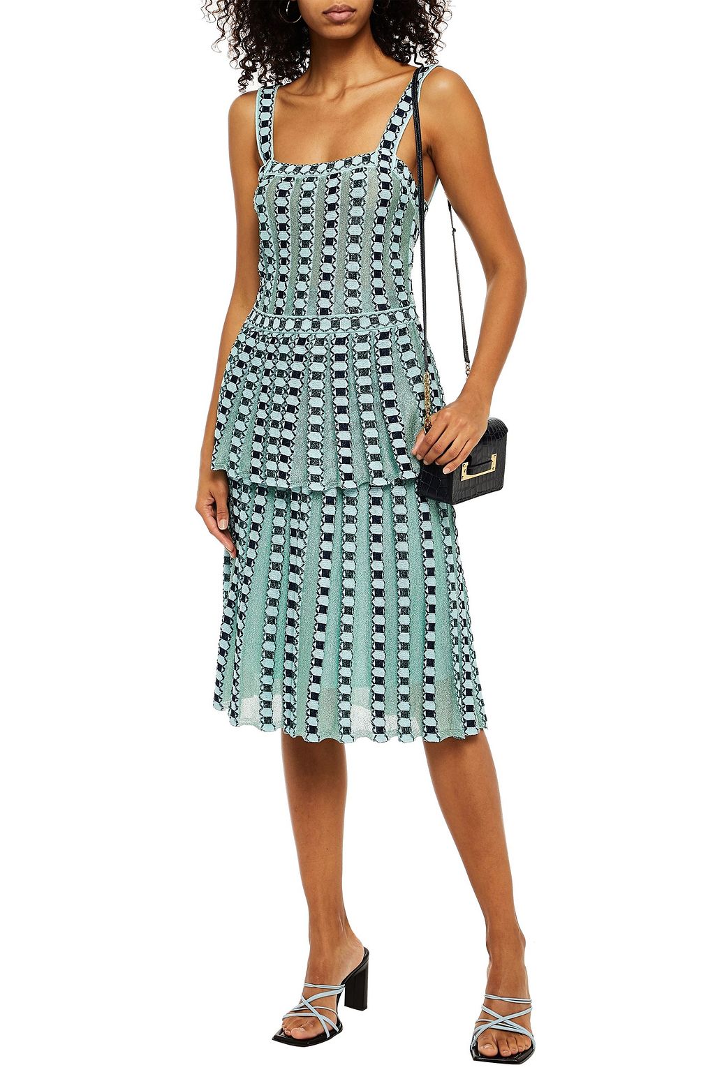 M MISSONI Pleated metallic crochet-knit peplum top