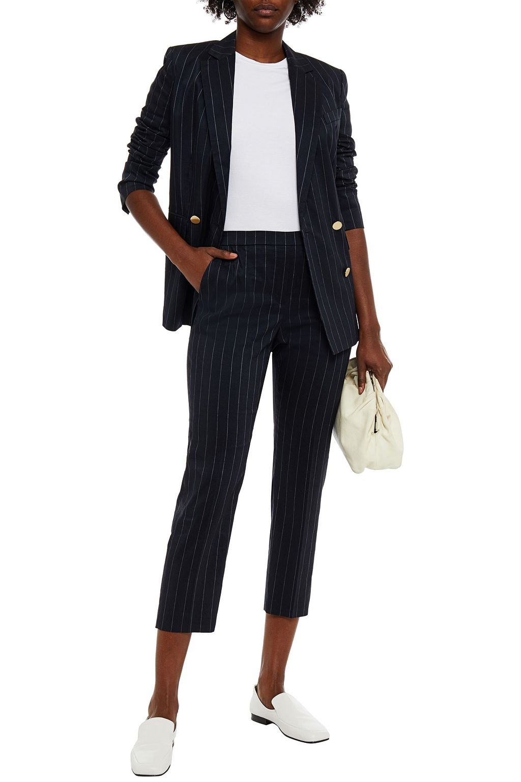 THEORY Piazza double-breasted pinstriped linen-blend blazer