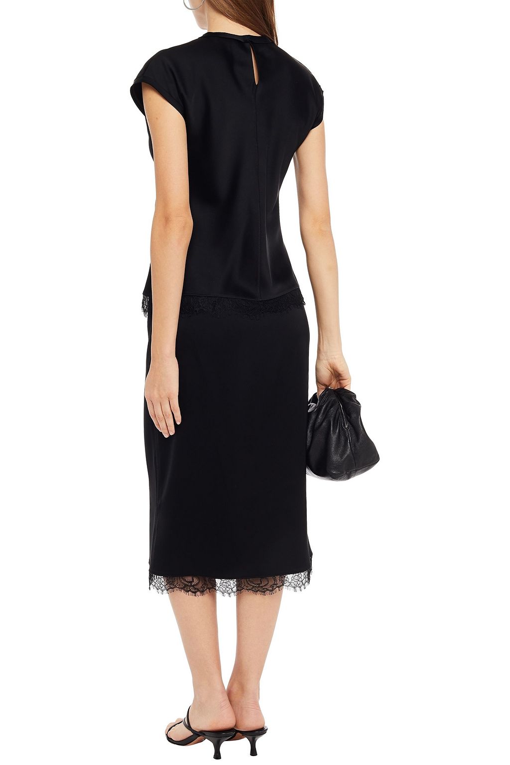 THEORY Wrap-effect lace-trimmed satin midi skirt