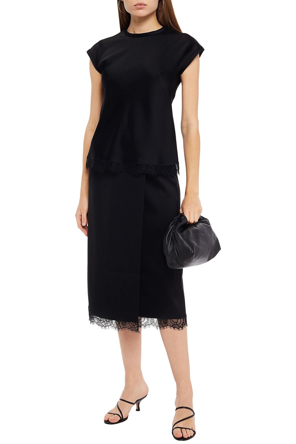 THEORY Wrap-effect lace-trimmed satin midi skirt