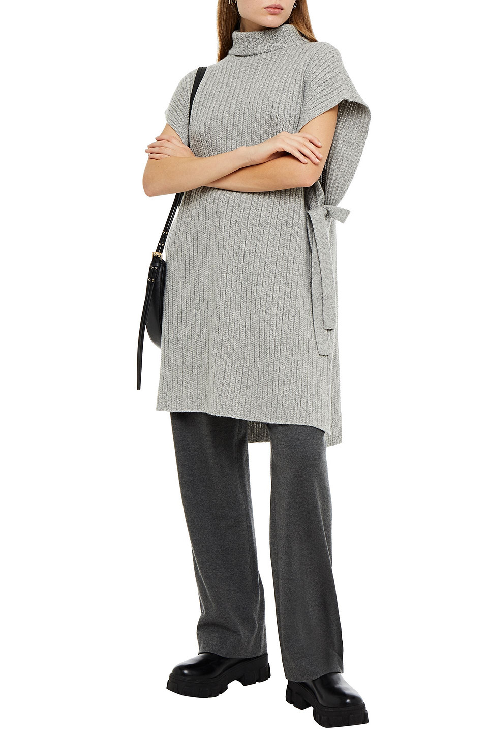 Rosetta Getty Mélange Ribbed Cashmere Turtleneck Poncho In Grey