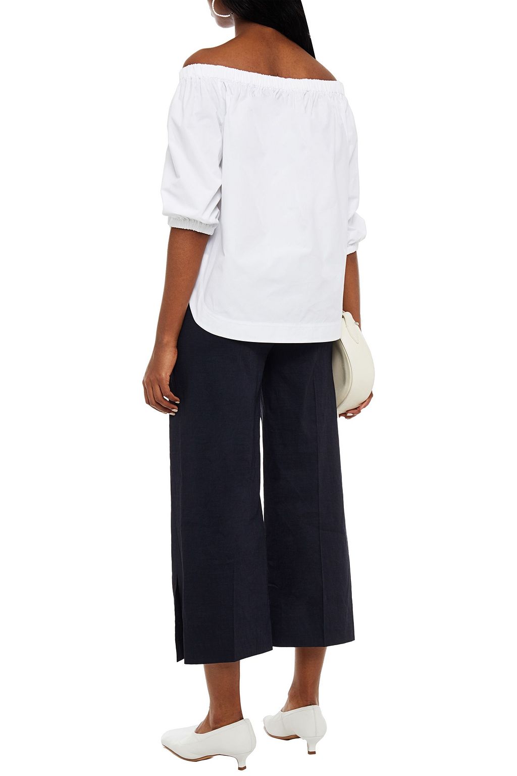 THEORY Vendome off-the-shoulder gathered cotton top