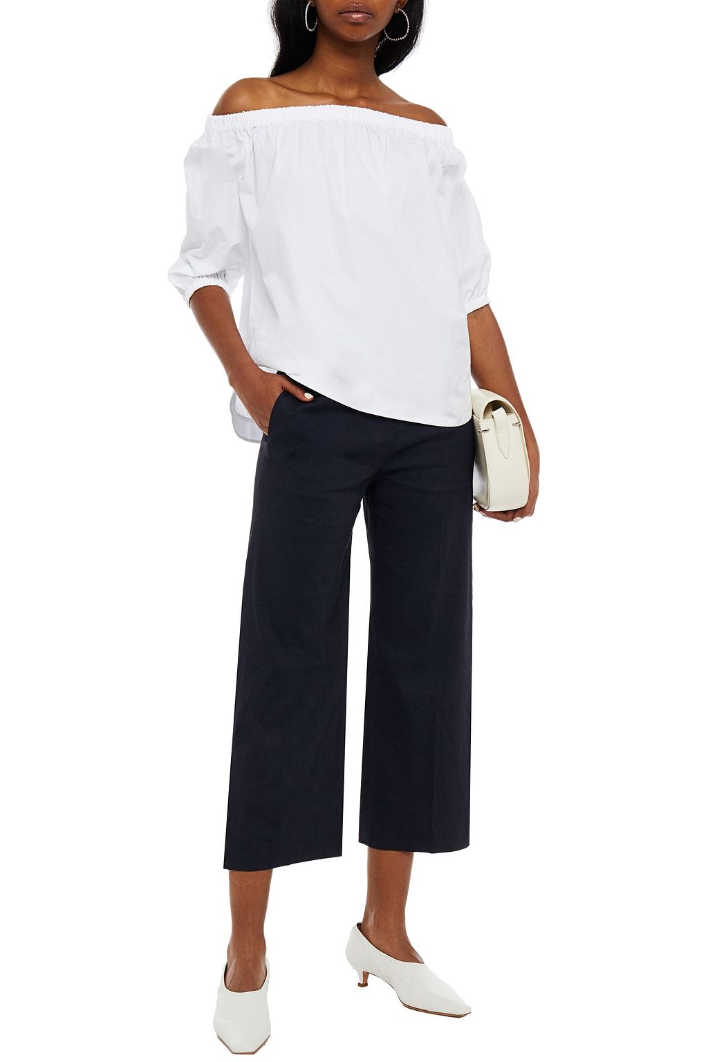 THEORY Vendome off-the-shoulder gathered cotton top