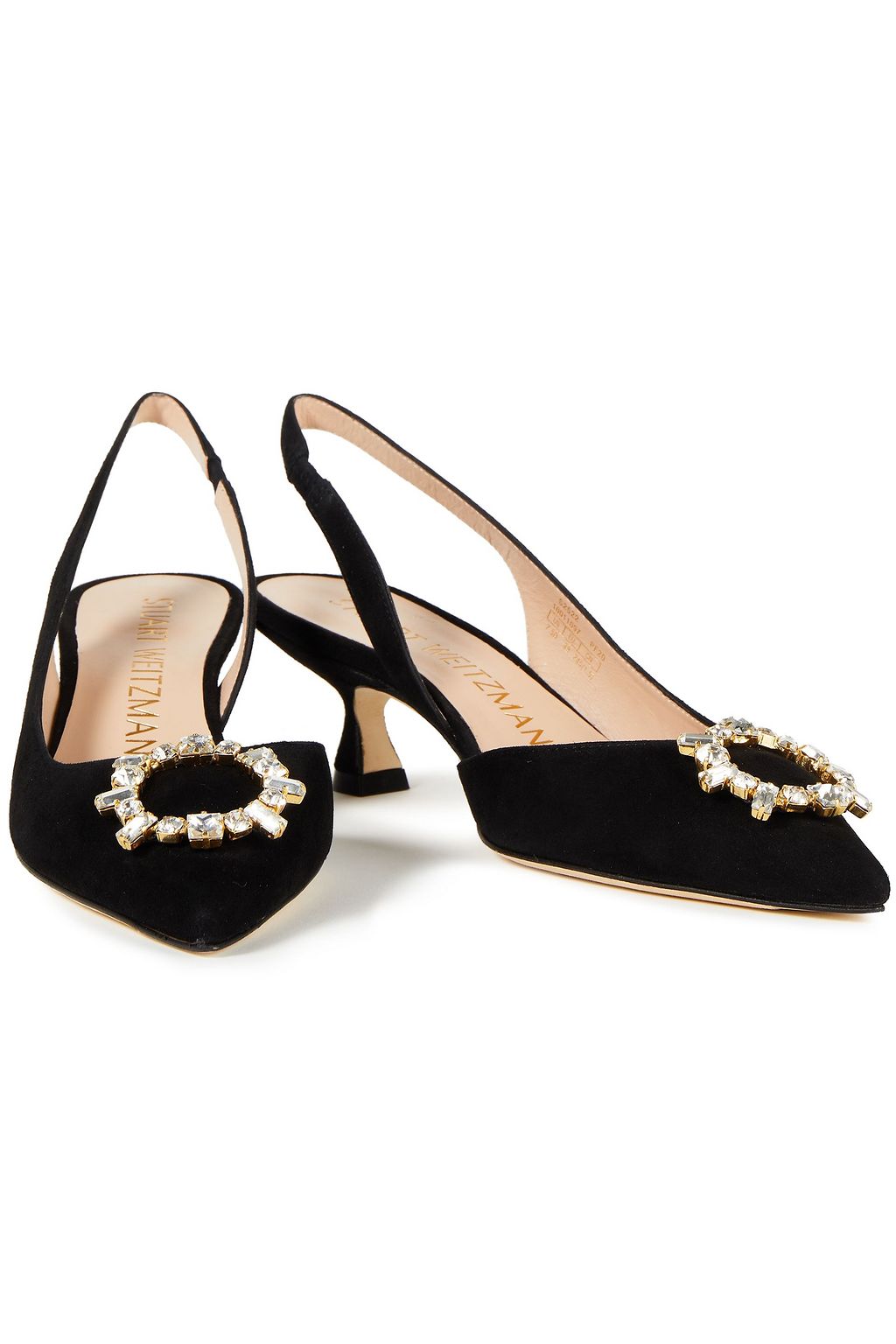 STUART WEITZMAN Meila 50 crystal-embellished suede slingback pumps