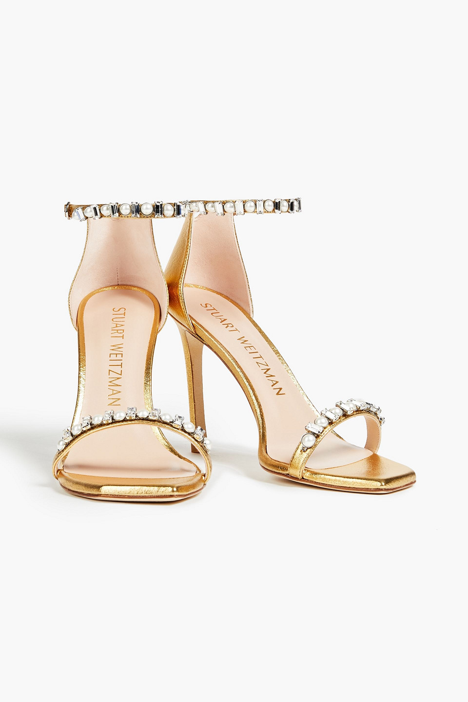 Stuart Weitzman Amelina Embellished Metallic Leather Sandals In Gold