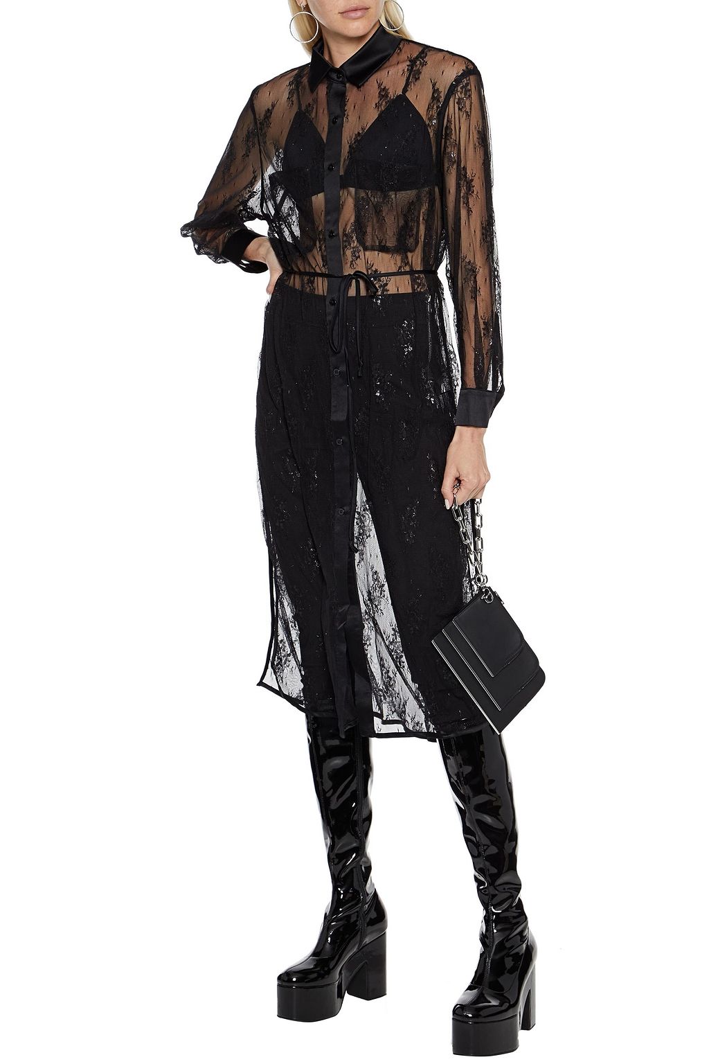 AMIRI Belted metallic wool-blend lace midi shirt dress