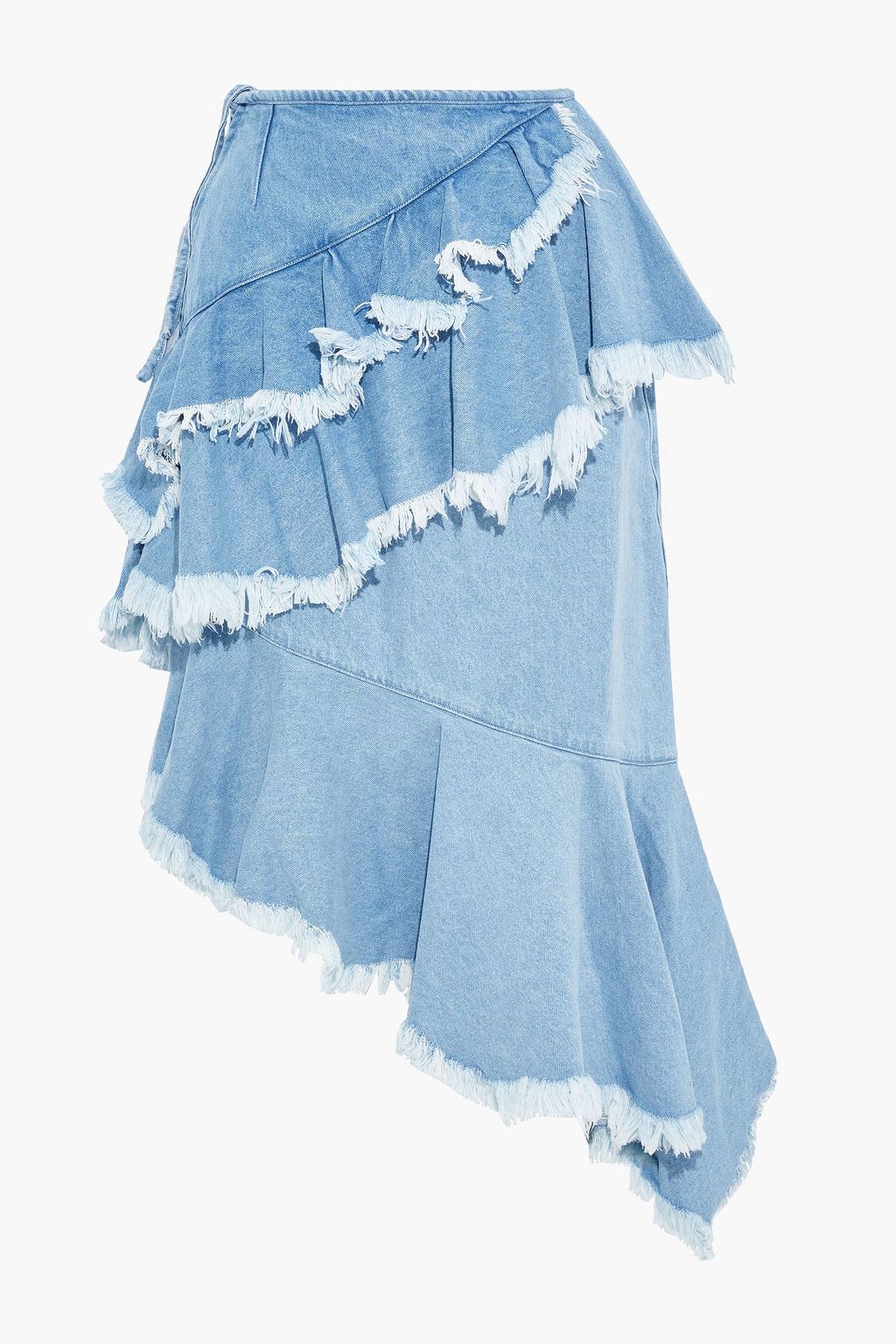 Asymmetric tiered frayed denim skirt 
