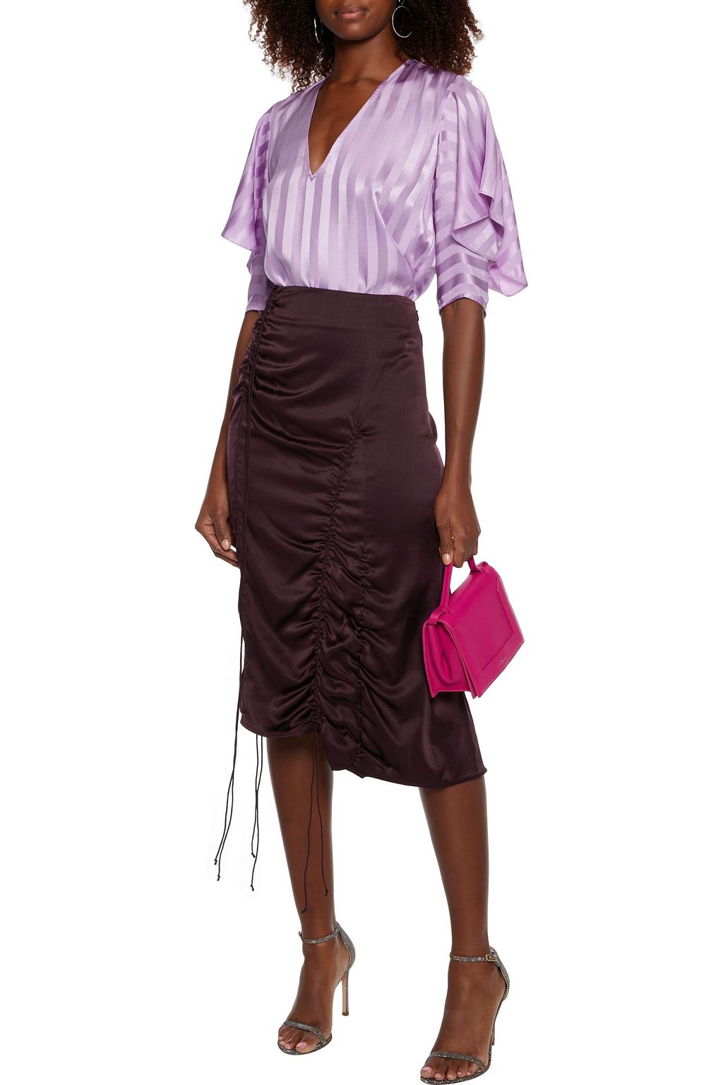 MICHELLE MASON Ruffled striped silk-satin top