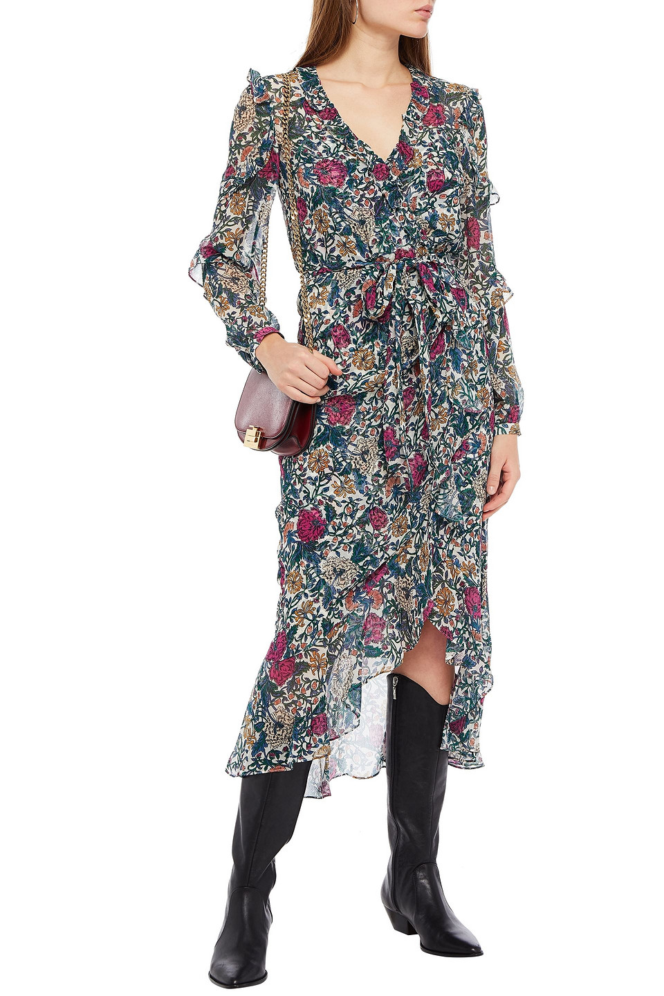 Veronica Beard Wrap-effect Ruffled Printed Silk-georgette Midi Dress In Brown