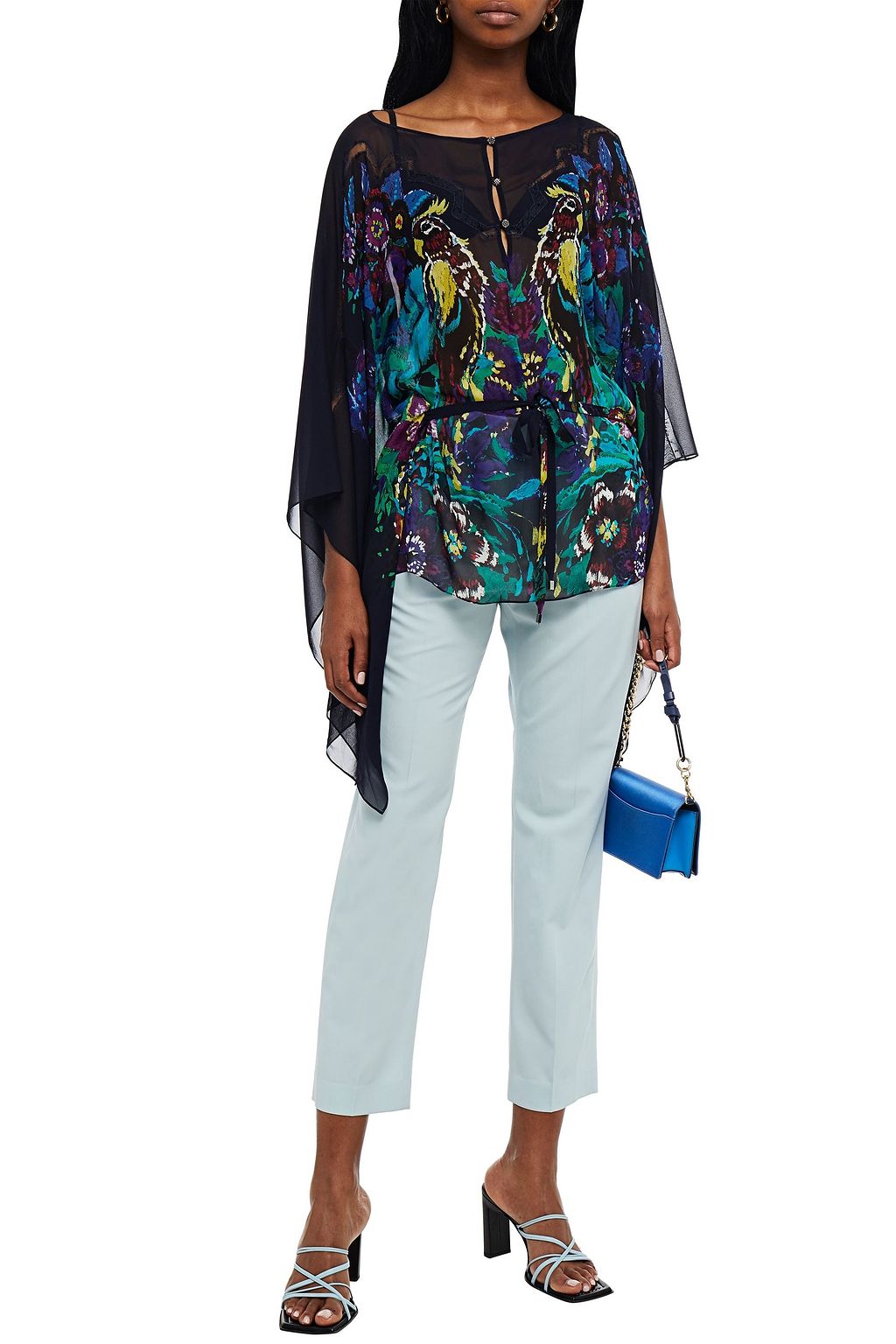 ROBERTO CAVALLI Tie-front embellished printed silk-crepe blouse