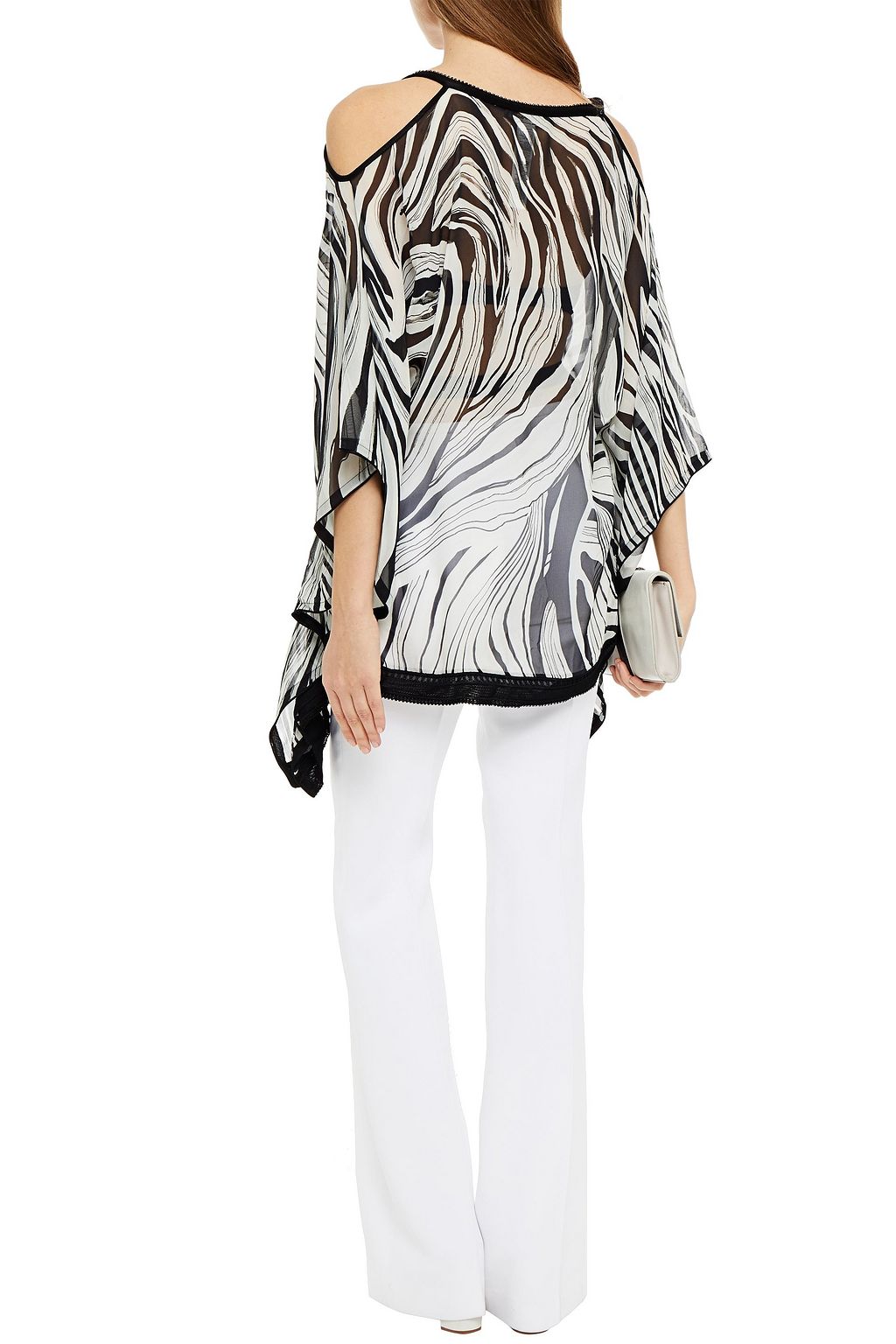 ROBERTO CAVALLI Cold-shoulder tie-front zebra-print silk-crepe blouse