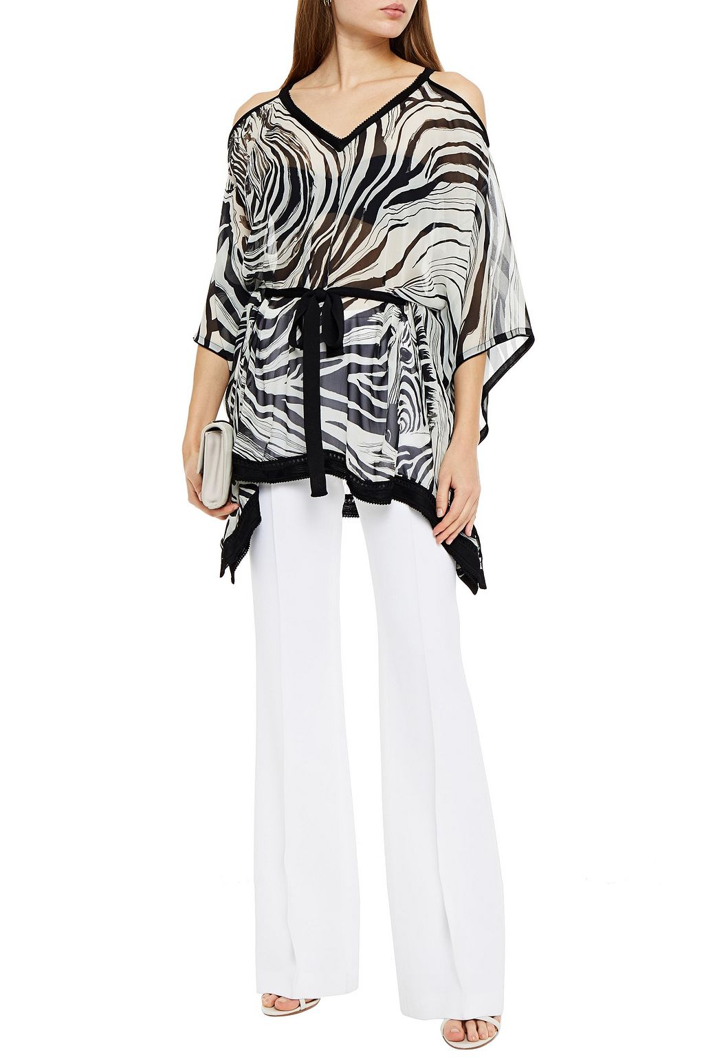 ROBERTO CAVALLI Cold-shoulder tie-front zebra-print silk-crepe blouse