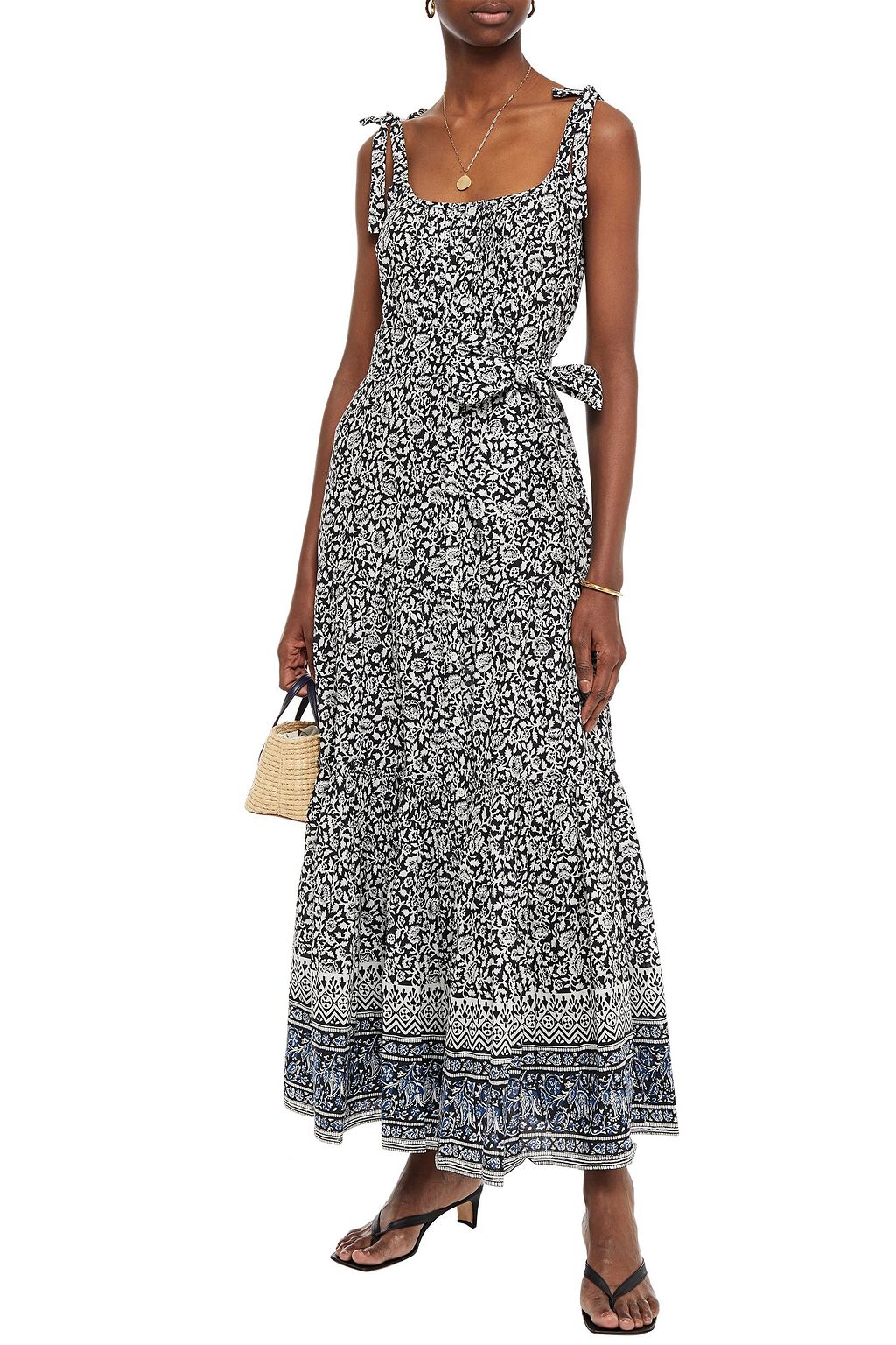 VERONICA BEARD Michi belted pintucked printed cotton-mousseline maxi dress