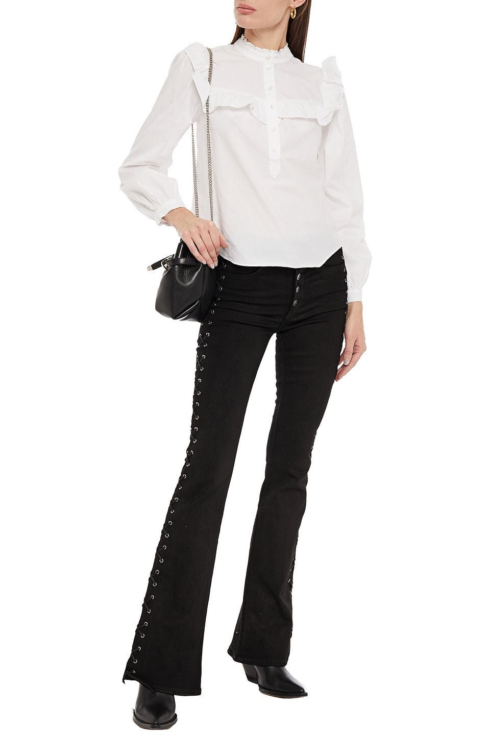 Veronica Beard Lace-up Coated High-rise Flared Jeans In Black